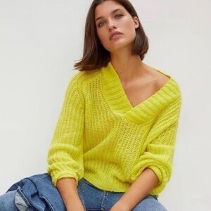 By Anthropologie Honore Sweater Highlighter Yellow XS Wool Blend Fluorescent